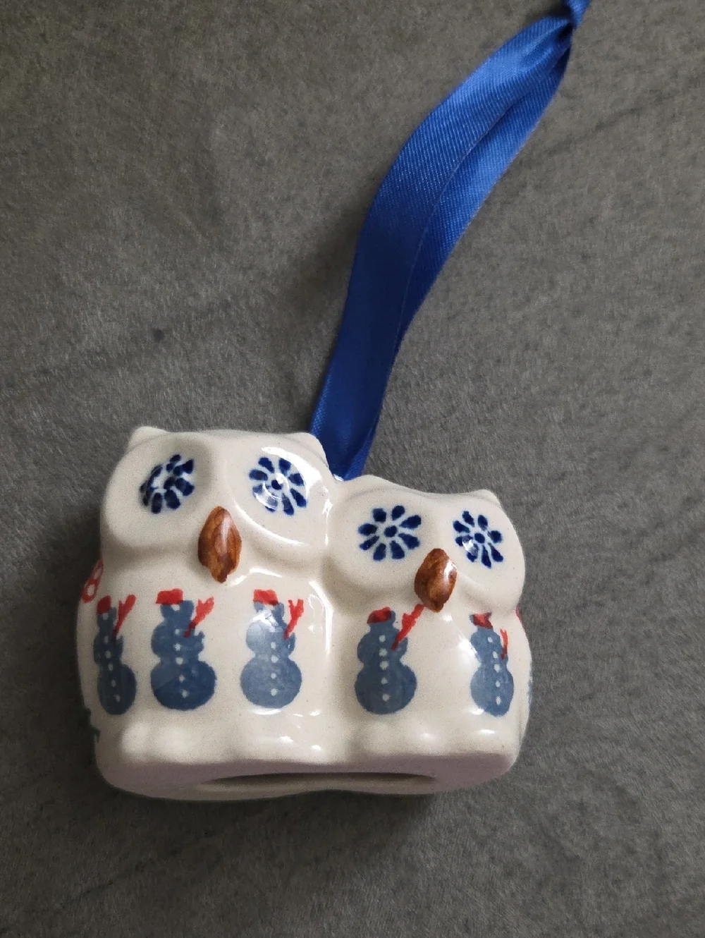 Polish Pottery Owl Holiday Ornament with Blue Ribbon - Picture 1 of 6